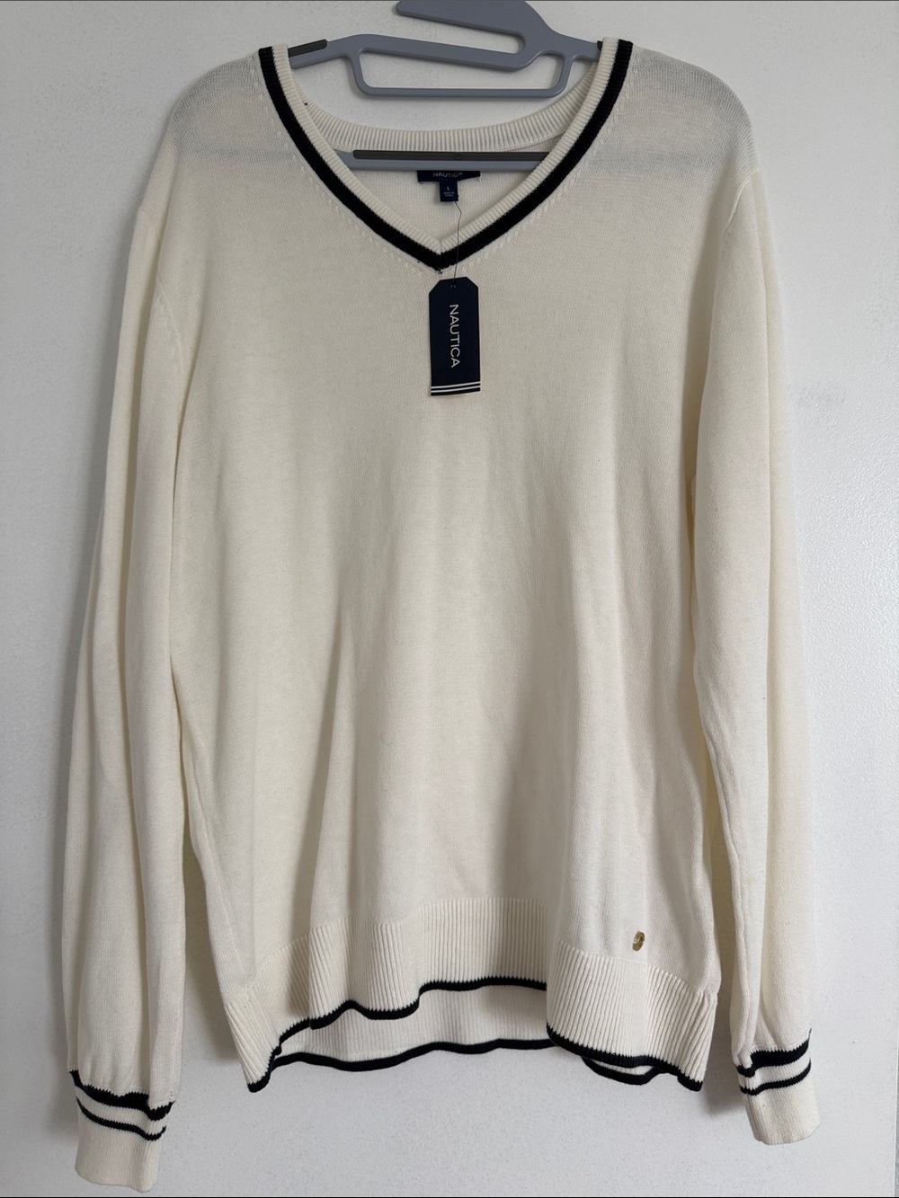 Nautica Cream V-Neck Sweater with Black Trim